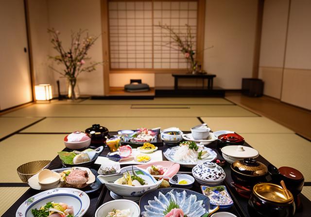 赤坂の料亭でふぐ料理の会席膳が整えられた個室