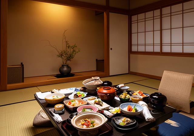 麻布の懐石料理店で季節の器に盛られた夕食と畳の個室