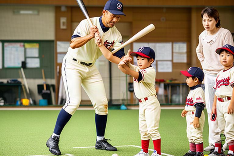 大阪の野球アカデミーで元選手が子どもにバットの構え方を教える場面
