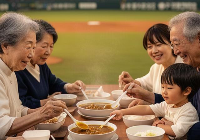 甲子園球場で家族が名物カレーを囲んで食事をする様子