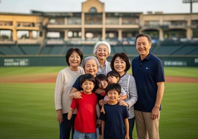 甲子園のグラウンド近くで家族が記念撮影をする特別な見学時間
