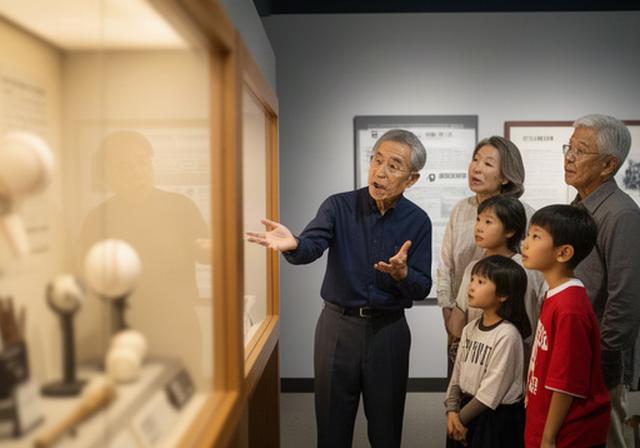 甲子園歴史館で展示を見ながら説明を聞く三世代の家族