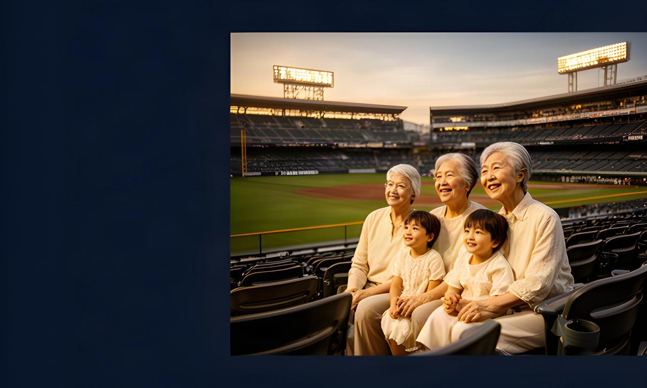 甲子園の外野席で祖父母と子どもが並び、夕暮れの球場を楽しむ家族