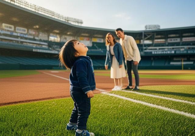 試合前の甲子園フィールドウォークで子どもが芝を眺める場面