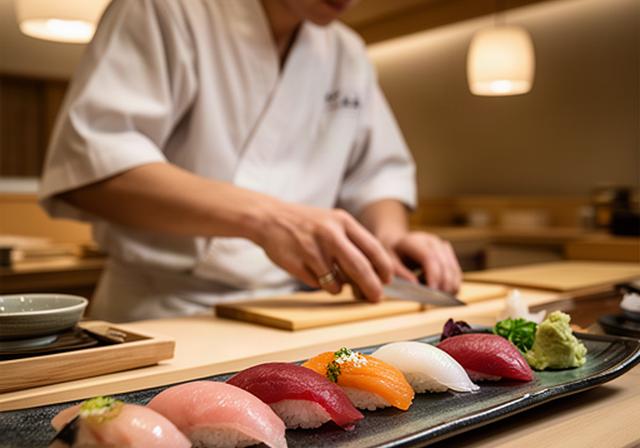 銀座の寿司店で職人が旬の握りを仕上げるカウンター席