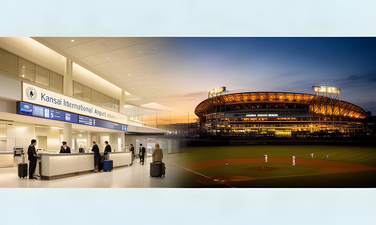 関西空港の到着ロビーと夕暮れの甲子園球場を組み合わせた訪日旅行の情景