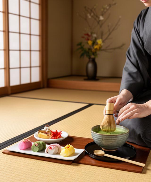 京都の静かな和室で行われる茶道体験と季節の和菓子
