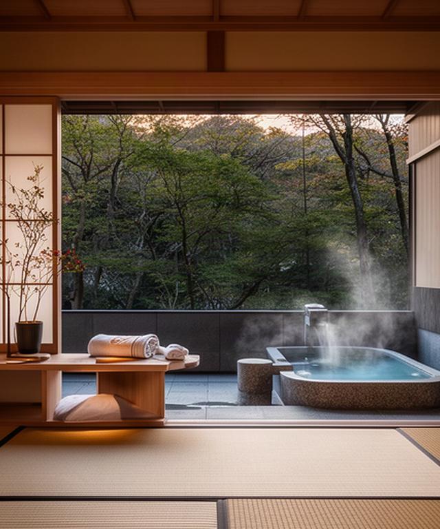 嵐山の高級旅館にある露天風呂付き客室と木立の景色