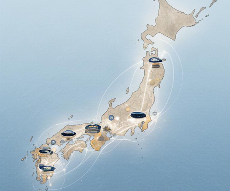 日本列島の輪郭と全国の野球場を結ぶ旅程イメージ