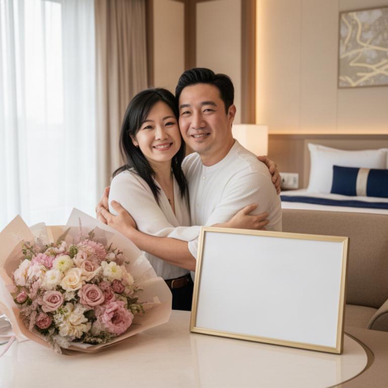 ホテルのスイートルームで花束とメッセージボードを前に寄り添う野球好きのカップル