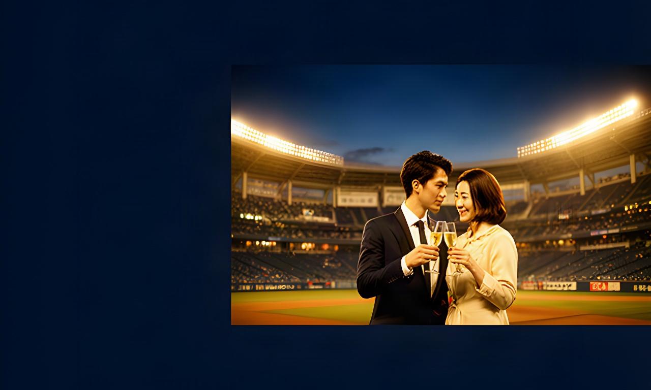 阪神甲子園球場の夜景を背景にスイートな週末を楽しむ夫婦の乾杯