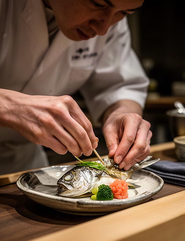 割烹の料理人が旬の魚を一皿に仕上げるカウンター