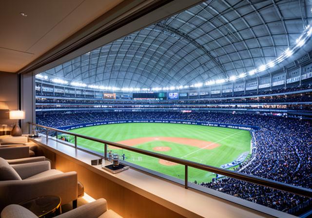 京セラドーム大阪のパノラマスイートから屋内球場の試合を眺める様子