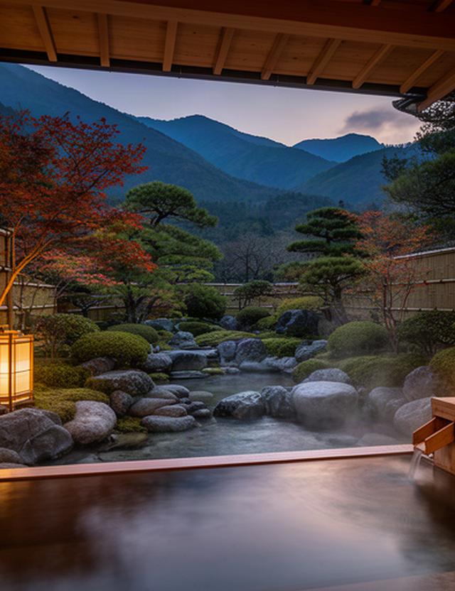 山あいの高級旅館にある檜の露天風呂と夕暮れの庭園