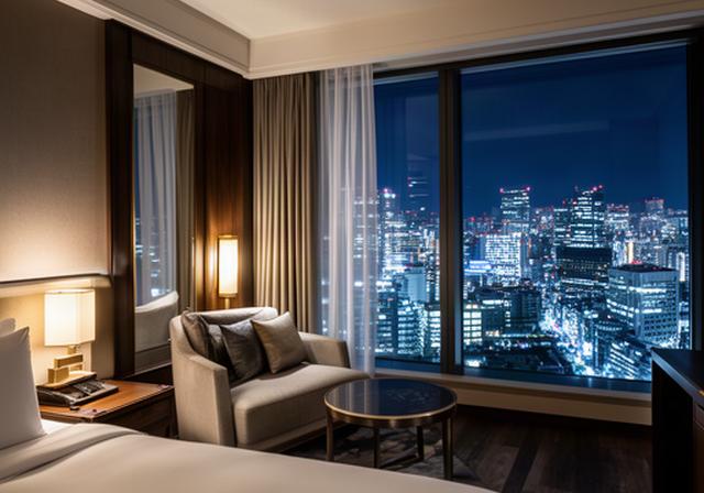 大阪の高級ホテルの客室から街の灯りを望む夜景
