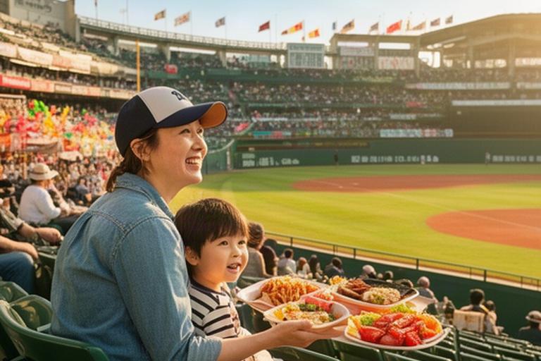 夏の甲子園で親子が観戦し大阪の食文化を楽しむ場面