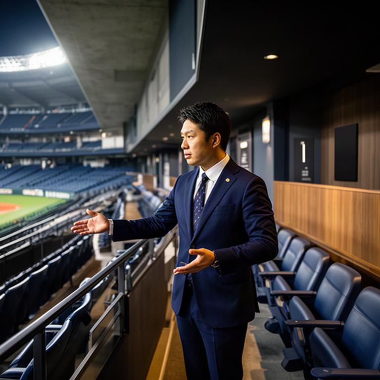 スタジアムの客席で観戦導線を確認する男性スタッフ