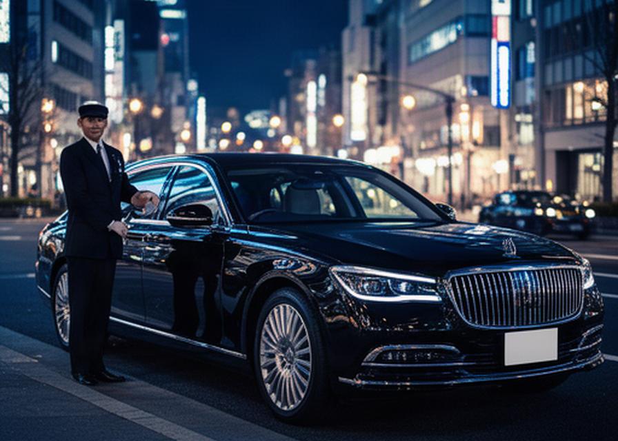 東京の夜景を背景に停車する黒いメルセデスSクラスと専属運転手