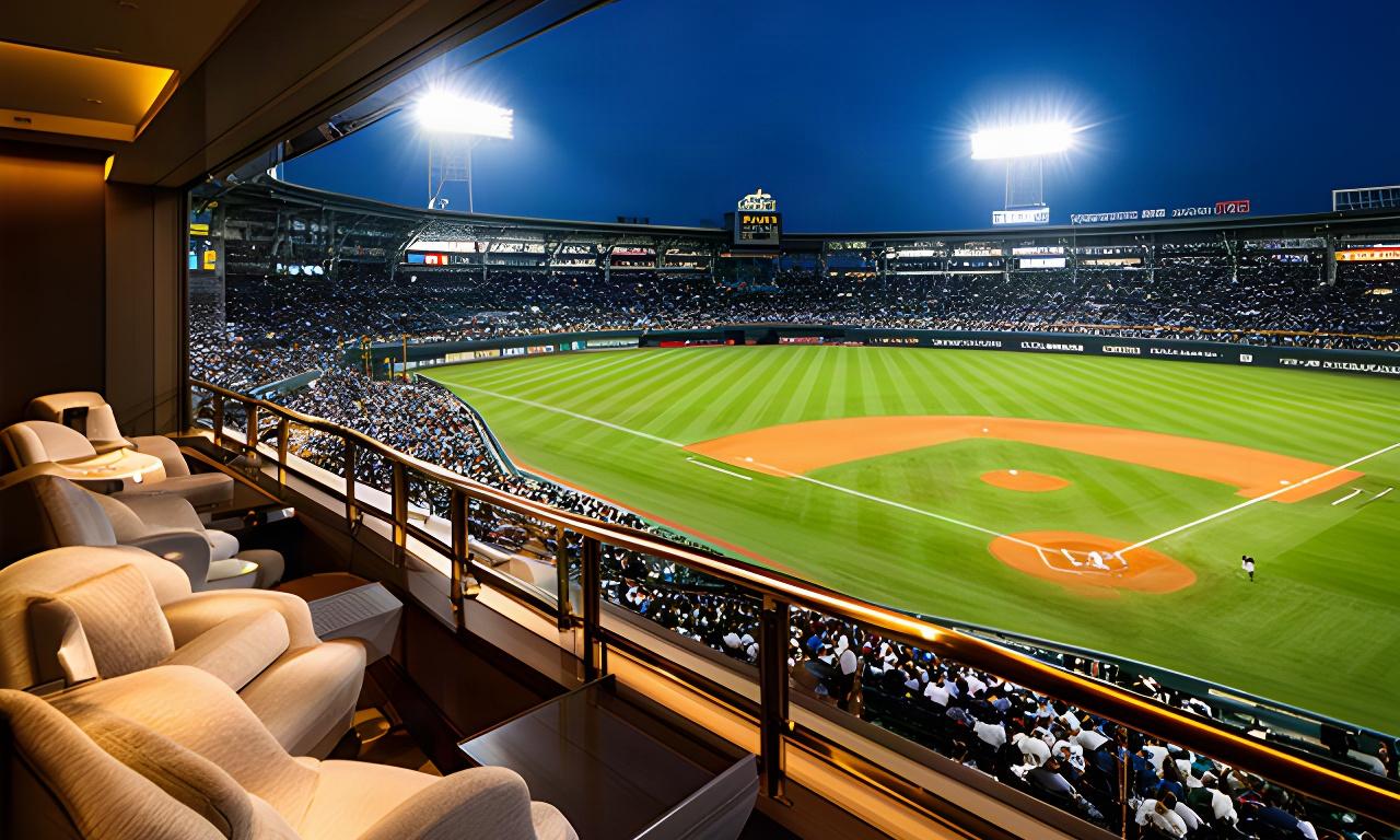 甲子園球場のスイートルームからナイターを見渡す観客席と芝生のグラウンド
